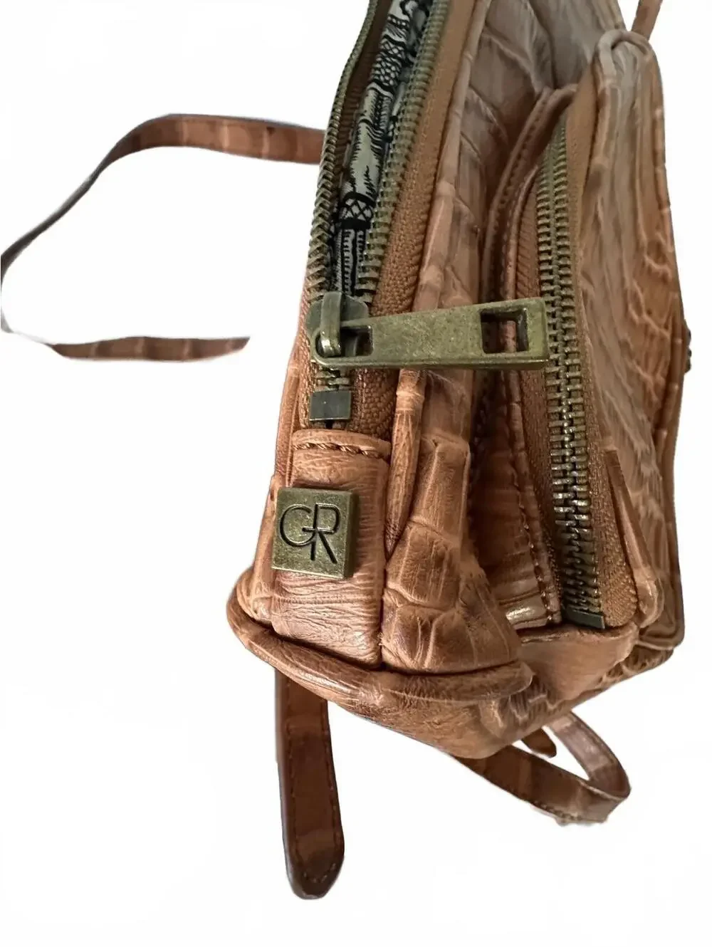 Brown Faux Crocodile Leather Backpack with Patterned Interior